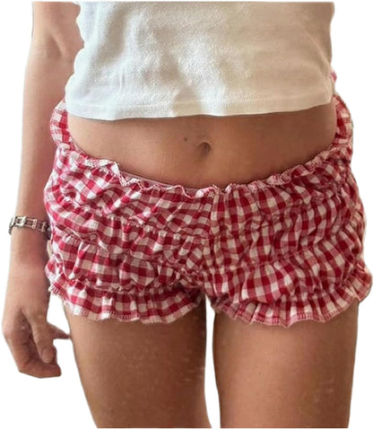 UAURORAO Women Y2k Gingham Boy Shorts Cute Smocked Plaid Micro Shorts Sexy Frilly Ruffle Pettipants Going Out Bloomers